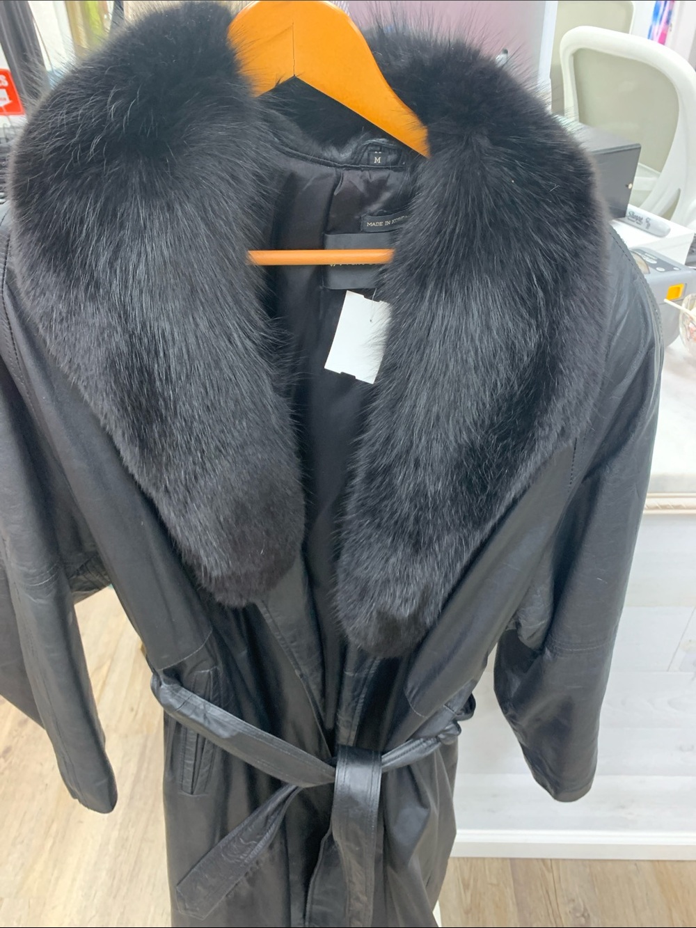 Black Leather Trench Coat with Luxe Fur Collar - Picture 2 of 7
